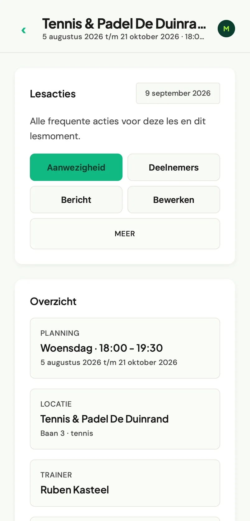 Lesdetail met aanwezigheid, deelnemers en bericht