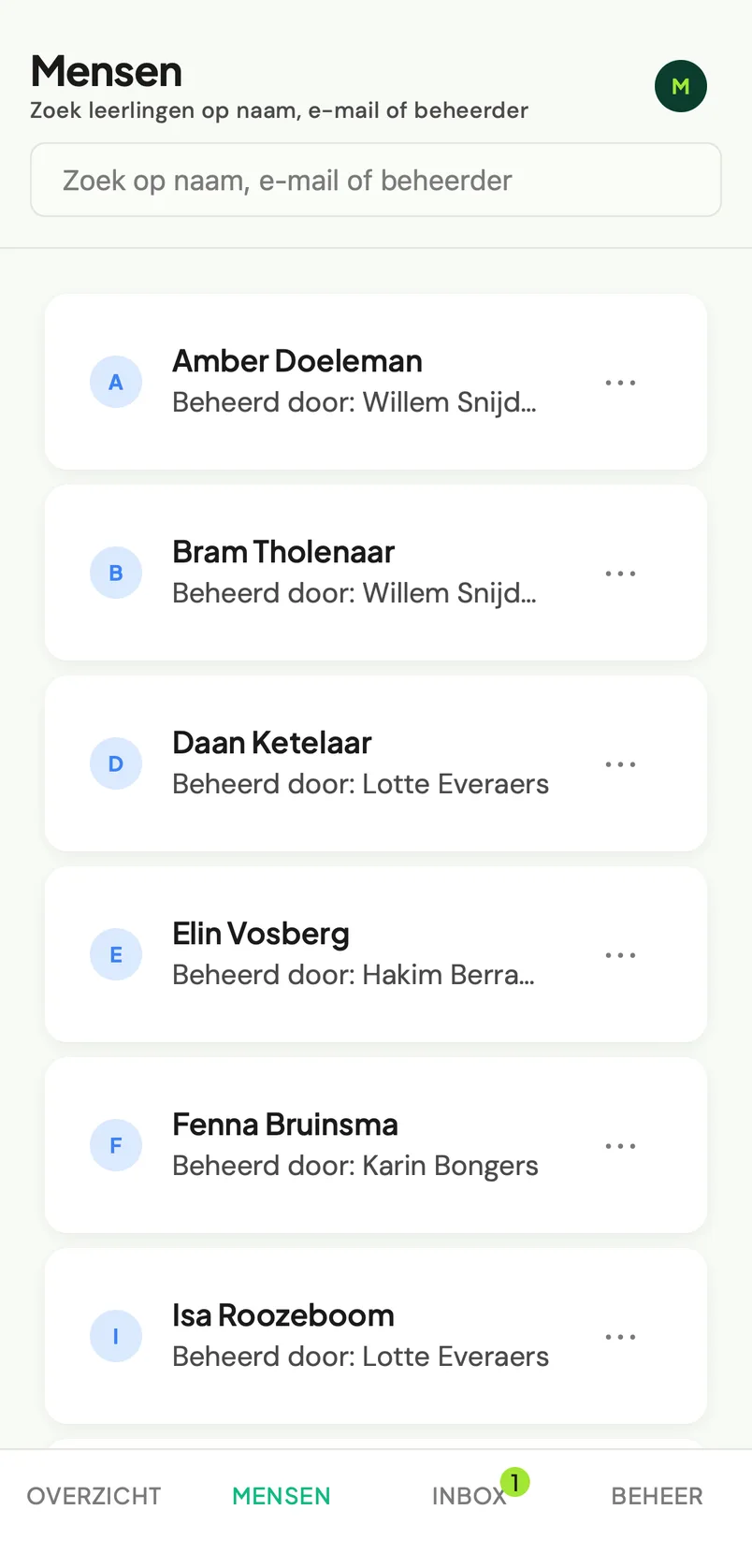 Leerlingenlijst met beheerder per leerling